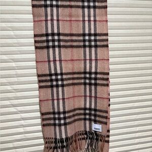 Burberry Beige Vintage Check Cashmere Scarf with Black and Red Stripes